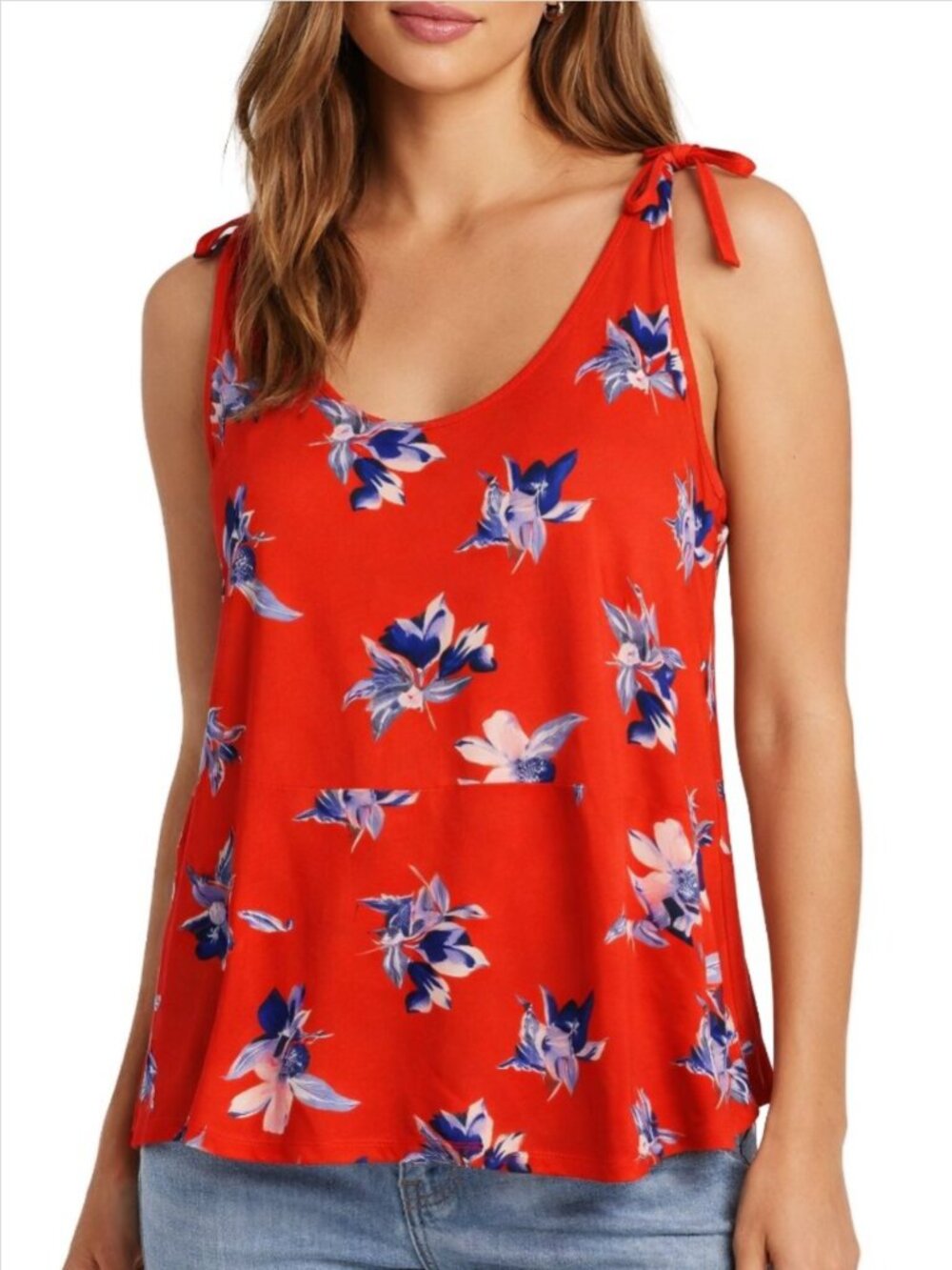 Ava Viv Red Floral Tie Shoulder Tank Boho Vacation Sleeveless Top Plus 1X